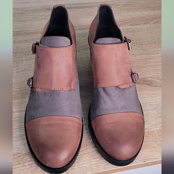 Women's Tan and Gray Leather Buckle Shoes Chunky Heel Grandpacore 39 - Picture 6 of 13